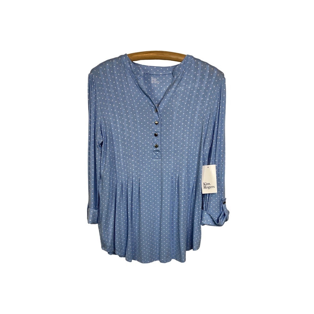 Kim Rogers Henley Top Womens S Blue White Polka Dot 3RS12U374826F Pleated A28